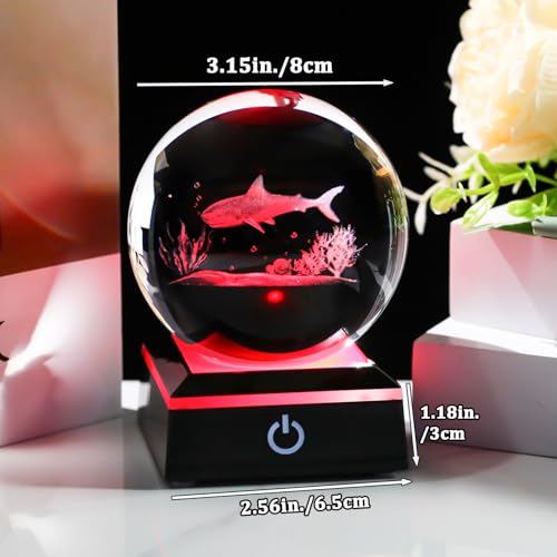 Image of Arikyrist 3D Crystal Ball Shark Figurine with Colorful Light Base, Shark Gifts for Shark Lovers Women Men on Christmas Birthday, Laser Engraved Glass Shark Ornament Globe for Home Office (80mm)