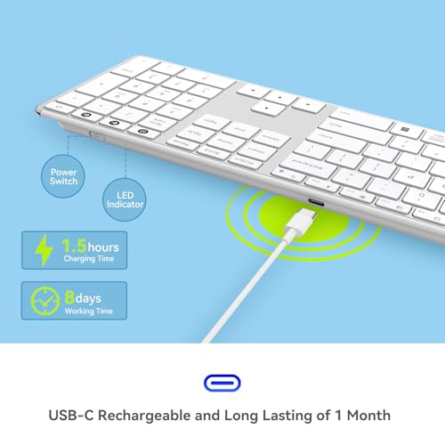 Ausdom White Wireless Full Size Keyboard: Bluetooth Multi-Device Usb Cordless Slim Quiet Keyboard With Numberpad, Rechargeable Noiseless Silent Universal Flat Keyboard For Mac Imac Macos Pc Computer thumb #4