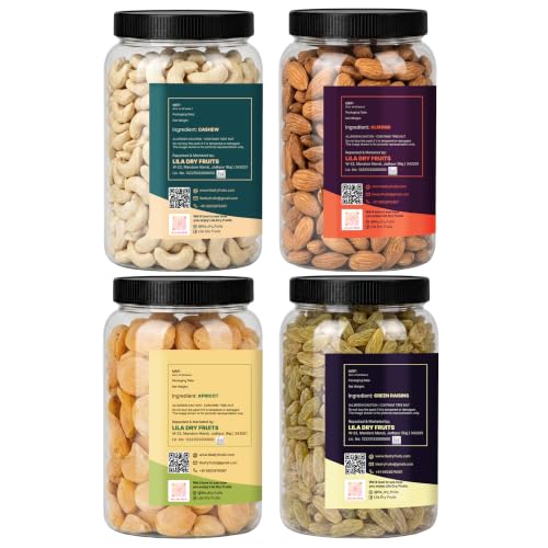 Image of LILA DRY FRUITS Dry Fruits Combo Pack of Cashews, Almonds, Green Raisins & Apricots 100 Gms x 4 Assorted Nuts and Dried Fruits Mix for Daily Snacking Perfect for Gifting
