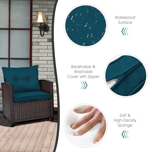 Image of Tangkula 3 Pieces Patio Furniture Set, PE Rattan Wicker 3 Pcs Outdoor Sofa Set w /Washable Cushion and Tempered Glass Tabletop, Conversation Furniture for Garden Poolside Balcony (Prussian Blue)