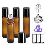 PrettyCare 4 Pack 10 ml Amber Glass Roller Bottles for Essential Oil with Stainless Steel Roller Ball - Refillable Leak-proof Empty Roll on Bottles with Black Caps for Travel, Perfume,Lab