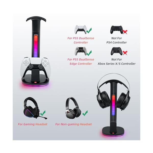 Mcbazel RGB Headset Stand with Charging Station for PS5/PS5 Edge Controller, Controllers Stand & Playstation 5 Controllers Holder, Premium RGB Gaming Headphone Holder – Black - Image 3