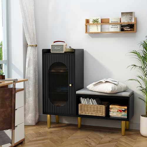 Image of HLR Storage Bench Set of 2, Black Modern Entryway Shoe Cabinet Bench with Glass Door&Shelf, L-Shaped Storage Cabinet with Padded Seat for Hallway, Bedroom, Living Room, Office