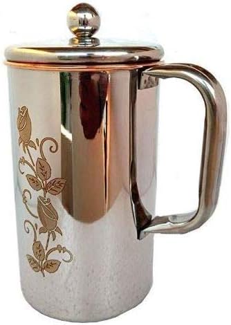 VEDIC COPURE Water Pitcher Flower Print Outside Stainless Steel Utensils Inside Copper Jug for Ayurveda Healing 1.5 L (Bronze)