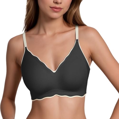 SEAUR Soft Padded Bras for Girls & Teens 12-18 Wavy V Neck Support Wireless Seamless Small Breasted Women Everyday Bra M-2XL