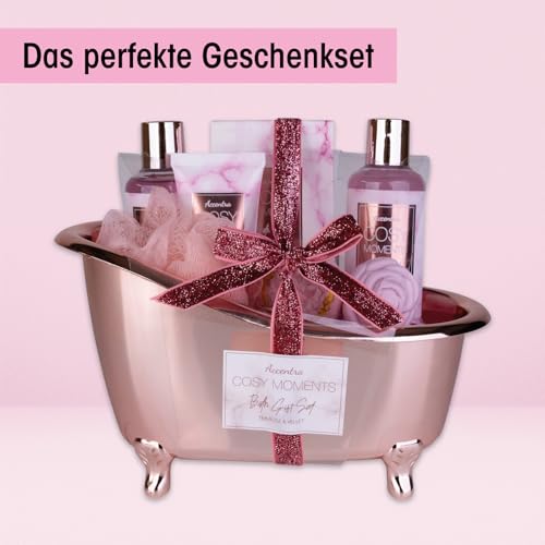 Accentra Cosy Moments Bath Set Gift Set for Women with 150 ml Shower Gel, 150 ml Bubble Bath, 150 g Bath Salt, 90 g Bath Bomb, 60 ml Hand Cream, 30 g Soap and 15 g Mesh Sponge in Shiny Bathtub