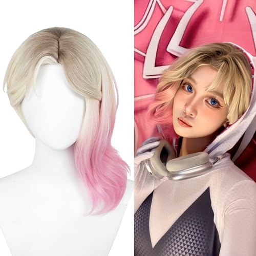 Aicos Short Blonde Cosplay Wig Straight Curly Ombre Blonde Pink Wig for Halloween Cosplay Costume