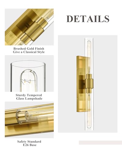 Image of HWH Brushed Gold Wall Sconces Set of 2, 2-Light, 5HY104B-2W-2PK BG | Wall Mounted, Vertical and Horizontal Mounting, Vanity Light Bar, 24-Inch Bathroom Vanity Lights Over Mirror, For Bedroom