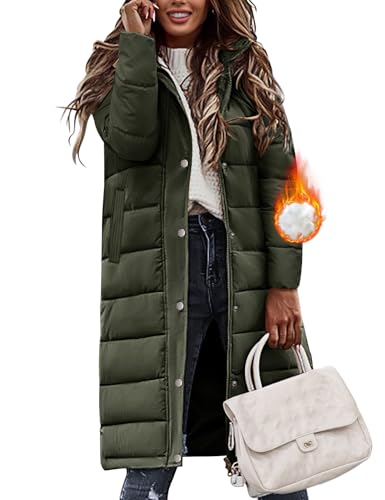 Tuopuda Larga Acolchado Abrigo para Mujer Chaqueta con Capucha Abrigo Largo Ligero y Resistente al Viento con Cremallera y Bolsillos(Verde,L)