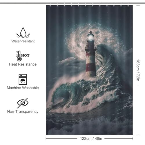 Rideau de douche phare imperméable 122x183cm pour baignoire avec crochets - 4