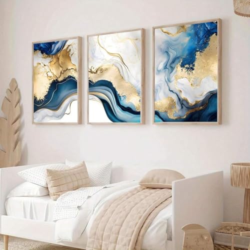 Peinture sur feuille d'or blanc et bleu TONGYINLI triptyque luxe - 2