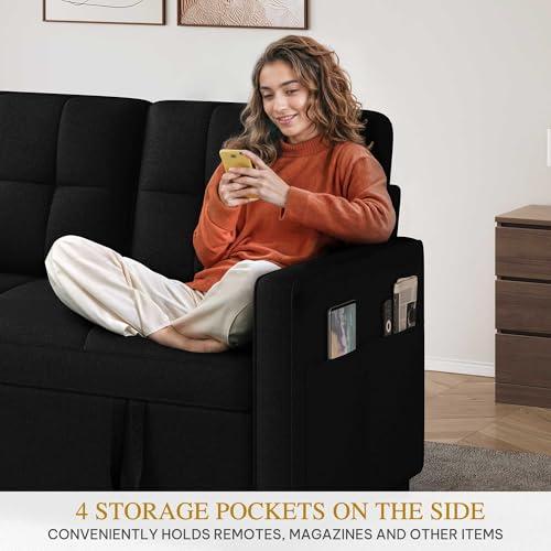 DWVO 55" Convertible Sofa Bed, 3-in-1 Sleeper Sofa with Pull-Out Bed, Linen Futon Couch with Side Pocket and Adjustable Backrest, Modern Loveseat for Living Room, Balck