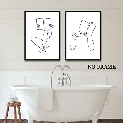 Woman Reading Canvas Wall Art Black And White Pictures Minimalist Line Art Prints Women Silhouette Painting Coffee Cup Poster Reading Room Artwork Minimalist Women Silhouette Art 16X24Inchx3 No Frame #TOP4