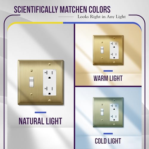 Image of ENERLITES Combination Toggle and Decorator Switch Metal Wall Plate, Stainless Steel 201, Corrosion Resistant, Size 2-Gang 4.50 inch x 4.57 inch, 771131-BB, Brushed Brass, Gold