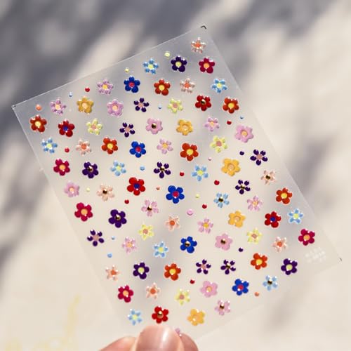 Image of 5D Embossed Flower Nail Stickers Colorful Nail Art Stickers Small Gold Ball Nail Decals Self Adhesive Nails Design Manicure Supplies Charm for Women Nail Art Decorations Accessories