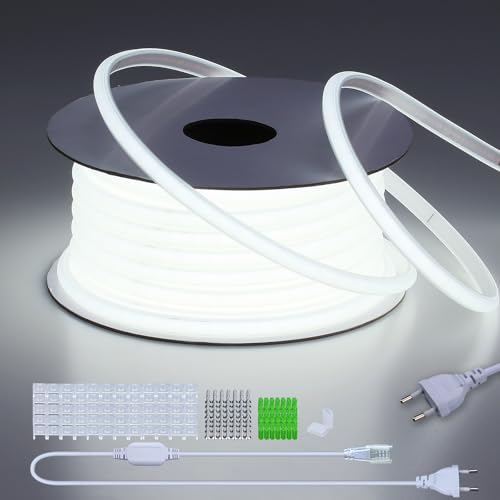 BENLUN 220V Ruban LED COB Exterieur Etanche 30M, 6000K Blanc Froid Flexible Découpable Bande LED 300W CRI 90+ Sans Transformateur, pour Chambre, Gaming, Bureau, Pergola Extérieur