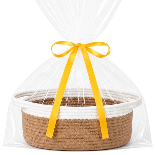Image of Empty Gift Basket with Gift Bag & Ribbon, Woven Rope Basket, 12x8x5