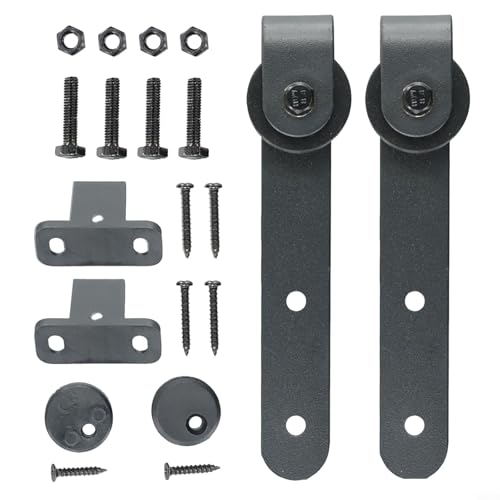 Jonikuper Mini kit de herrajes para puertas de madera correderas, capacidad de 70 libras, riel de acero con recubrimiento en polvo negro con rodillos y guías de suelo, compatible con 0.63 pulgadas a