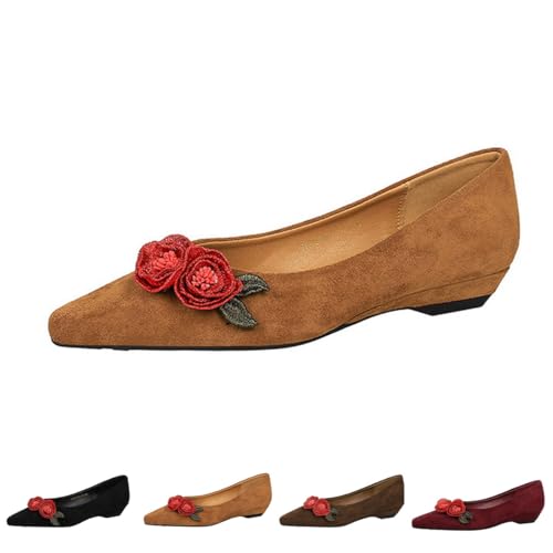 Women's Flower Pointed Toe Suede Flat Shoes Fashionable Faux Suede Flower Ballet Flat Comfortable Slip on Loafers Low Slope Heel Shoes