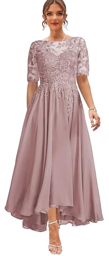 High Low Mother of The Bride Dresses for Women Tea Length Formal Dress Sparkly Lace Evening Gowns with Sleeves4