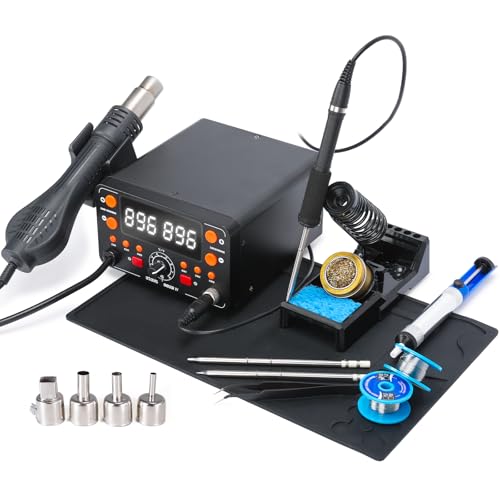 EZTOOLS 902D IV T12 Hot Air Soldering Station 2-IN-1 Kit with Extra Large Display, Small Silicone Work Mat, 2 Soldering Tips, 2 Lead-free Solder, Solder Sucker, ESD-Safe Tweezers