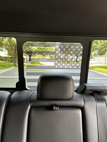 Image of Truck Rear Middle Window Perforated American Flag Decal, See-Through Matte Black Vinyl for Chevy Silverado 1500 /2500 /3500 (2014-2025) & GMC Sierra 1500 /2500 /3500 (2014-2025), 13.5 inch x 8.75 inch