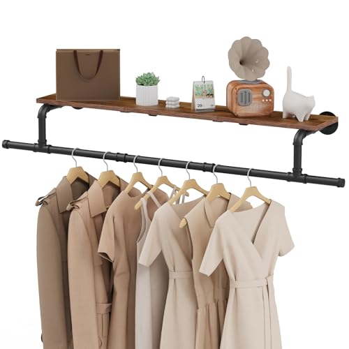 YheenLf Perchero industrial de tubería con estante superior, perchero colgante para ahorrar espacio, perchero de hierro montado en la pared, extensión en ambos extremos, 51.2 x 10.2 x 5.9 pulgadas,
