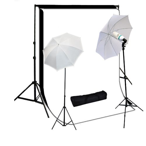 StudioFX800W Photography Lighting Kit, 10 x 10 Feet Cotton Black Muslin Backdrop Background and Photo Portrait 33-Inch Umbrella, White