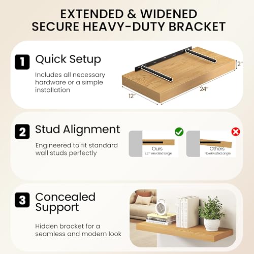 Image of 36Inch Oak Floating Shelves for Wall, 12 Inch Deep Shelves for Bedroom, Kitchen, Bathroom Wall Mounted, Rustic Wood Floating Shelf with Invisible Brackets for Books, Storage, Decor, 2 Packs