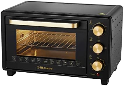 Belaco 23L Toaster Oven Tabletop Cooking Baking Portable Oven Rotiseerie1380w 60 min Timer with auto shut off 100-250° Stainless Steel Heating Tube incl. Baking Tray, Wire Rack, Handle, Rotisserie