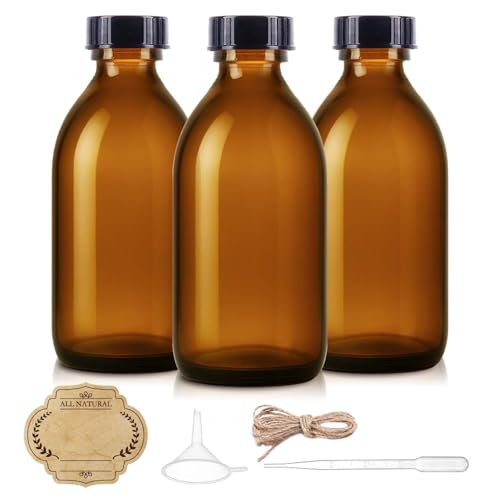 8oz Amber Glass Bottle with Lids, 3 Pack Brown Empty Cosmetic Containers Leakproof Refilllable Sample Dispensing Bottles for Homemade Vanilla Extract, Essential Oils, Potion, Juice, Ginger Shots
