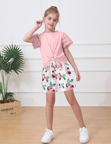 Image of mksodop Girls Clothes 2-Piece Teen Girls clothes Lace Hollow Short-Sleeved Twist T-Shirt And Floral Short Girl Summer Outfits