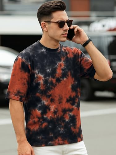 Image of Bewakoof Men's 100% Cotton Tie & Dye Oversized Fit Half Sleeve Round Neck T-Shirt | Casual Wear | Street Wear | Oversized t Shirt for Men Cotton | Baggy