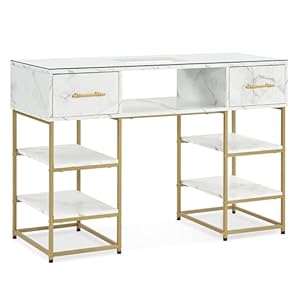 BarberPub Beauty Manicure Table for Storage, Nail Desk with Metal Frame & Glass, Modern Nail Salon Station, Marbling Textured Manicure Desk, Spa Equipment with Drawers 2411 (White)