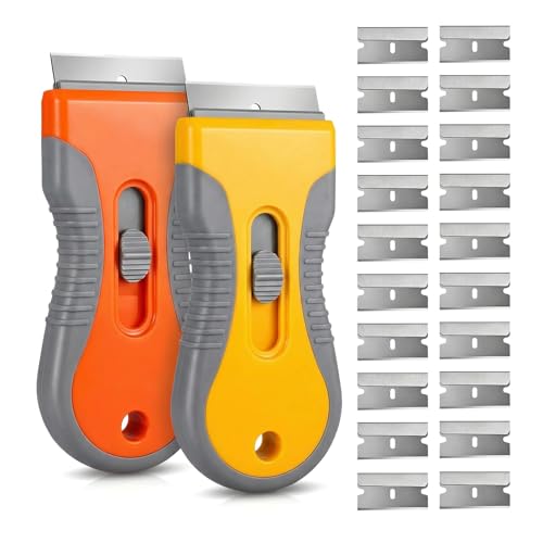Razor Blade Scraper Tool 2 Pack with 20 Extra Blades - Retractable Glass Scraper with Safety Lock and Non-Slip Grip for Removing Stickers Labels Paint Caulk from Windows Cooktop Glass Floors Surfaces