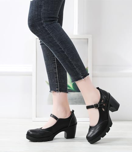 DADAWEN Women's Leather Classic Mary Jane Ankle Strap Round Toe Mid Heel Platform Pumps Oxfords Dress Shoes2