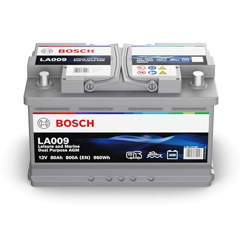 Bosch LA009 - Batería de descarga lenta y de arranque - 80 Ah 800 A 12 V - Tecnología AGM - adecuada para uso acuático y de ocio (autocaravana, caravana, marina, etc.)