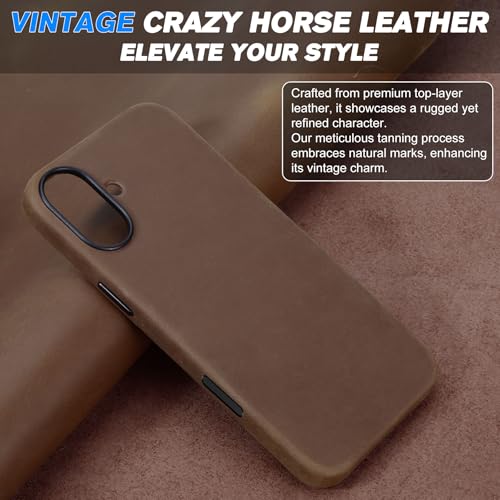 Image of SHIELDON Genuine Leather Case for iPhone 17 6.3 inch, Crazy Horse Dark Brown | Crazy Horse Leather, for MagSafe, Magnetic Wireless Charging, Metal Buttons, Camera Button, Camera Bezel, Shockproof, Slim