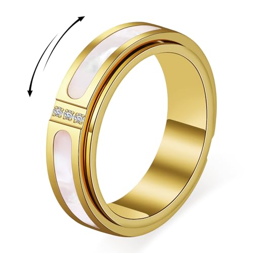 YellovEvey Fidget Spinner Ring for Women:18K Gold Plated Stainless Steel with Mother of Pearl Shell & Cubic Zirconia Anxiety Relief Spinning Jewelry Gift for Birthday Wedding Engagement Anniversary (CZ Shell Spinner Ring_Gold Size 10)