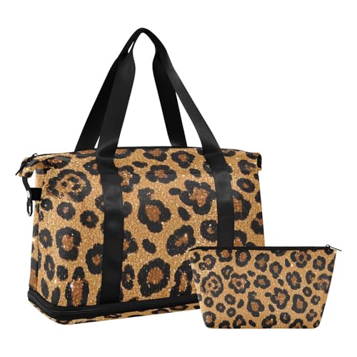Fake Glitter Leopard Print Brown Large Travel Duffel Luggage Shoulder Weekender Overnight Bag with Adjustable Strap for Hiking Large Capacity