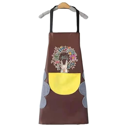 WOTOFY Waterproof Kitchen Apron for Women and Men with Pockets, Cute Rabbit Design, and Coral Velvet - Adjustable, Washable, Ideal for Cooking, BBQ, Grill - Chef Apron with Center Pocket