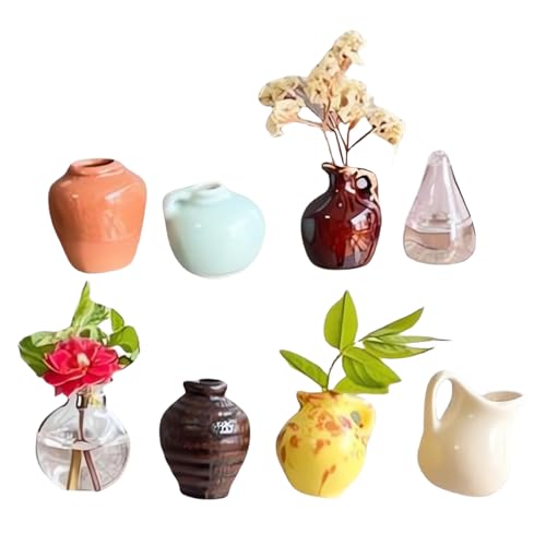 GWAWG 8 Pcs Miniature Vase Refrigerator Magnets, 3D Ceramic Flower Fridge Magnets Decorative, Cute Mini Bud Vases Magnetic, Miniature Vase Magnets Decoration for Home Kitchen Locker Office
