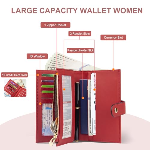 Image of yiijay Womens Wallet RFID Blocking Vegan Leather Trifold Clutch Credit Card Holder Ladies Travel Wallet Purse with Pen Holder, 1Red, 6.5x 4.2x 1.4 inches, Rfid Wallet