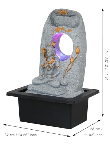 Image of CHRONIKLE Grey Polyresin Tabletop Lord Shiv Indoor Water Fountain for Home Decor with LED, Speed Control Pump (Size: 37 x 28 x 56 CM | Weight: 2900Gram)