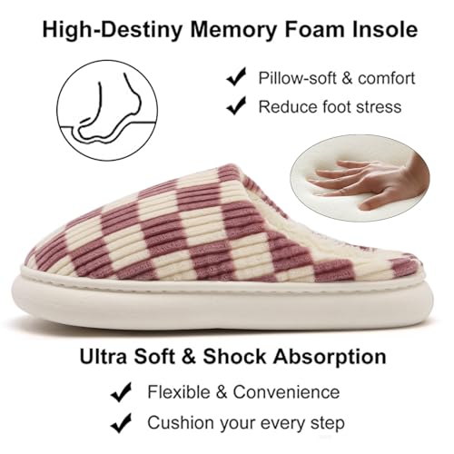Image of Yueerlu House Slippers for Women Men, Fuzzy Checkered Mens Womens Slippers Warm Memory Foam House Shoes Indoor Outdoor with Faux Fur Lining