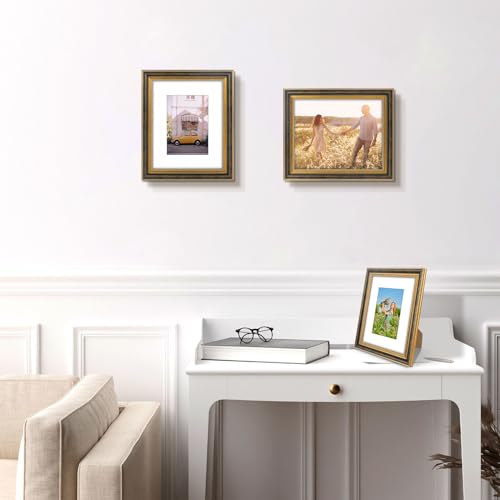 Image of Golden State Art,8x10 Ornate Picture Frame Holds 5x7 Photo,Black Gold | Includes real glass front,white mat,easel stand,build-in hangers and buttons.Displays 5x7 photo on wall or tabletop