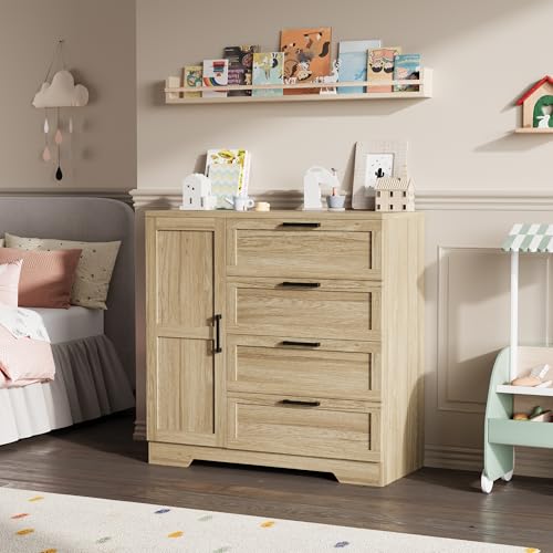 GarveeHome Wood Armoire Wardrobe Closet with 4 Drawers and Door, 43.3" H Bedroom Wardrobe Cabinet with Hanging Rod, Clothing Storage Cabinets, 4 Drawers Dresser with Storage Closet, Natural Oak