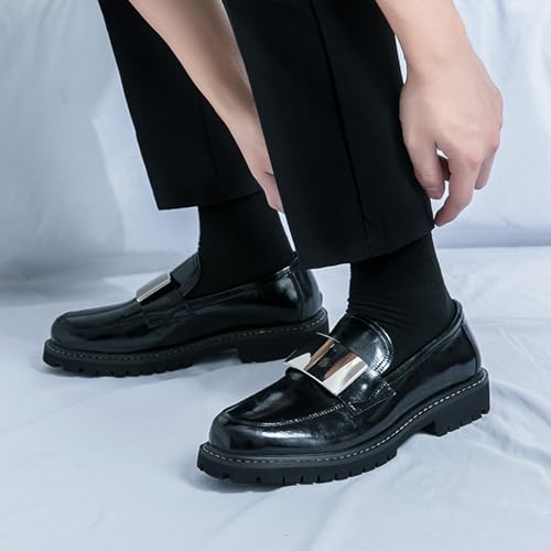 Men's Fashion Metal Buckle Slip-On Penny Loafers Comfortable Soft Leather Platform Chunky Heel Business Casual Formal Shoes 6