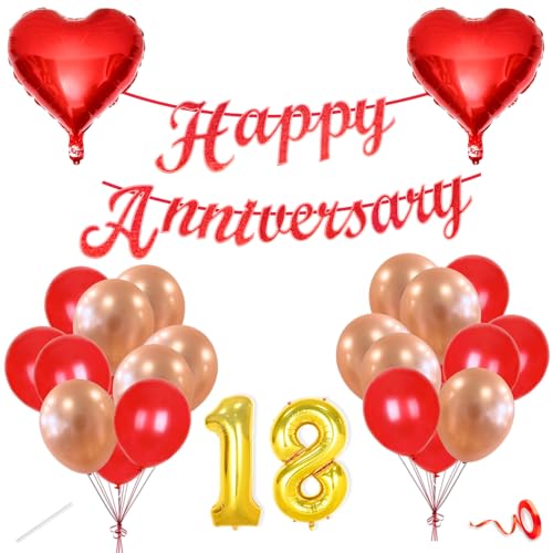 Image of Flyloons 18th Happy Anniversary Decoration Items Red Rose Gold for Men Women Husband Wife Mom Dad Parent Couple Home Bedroom Car With 20 Pcs Metallic Balloons Anniversary Banner 2 Pcs Heart Set Kit