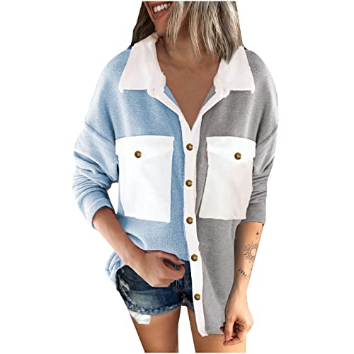 Narhbrg Womens Casual Sherpa Shacket Jacket Color Block Cardigans Long Sleeve Button Down Coats Plush Tunic Sweaters Outwear #TOP21
